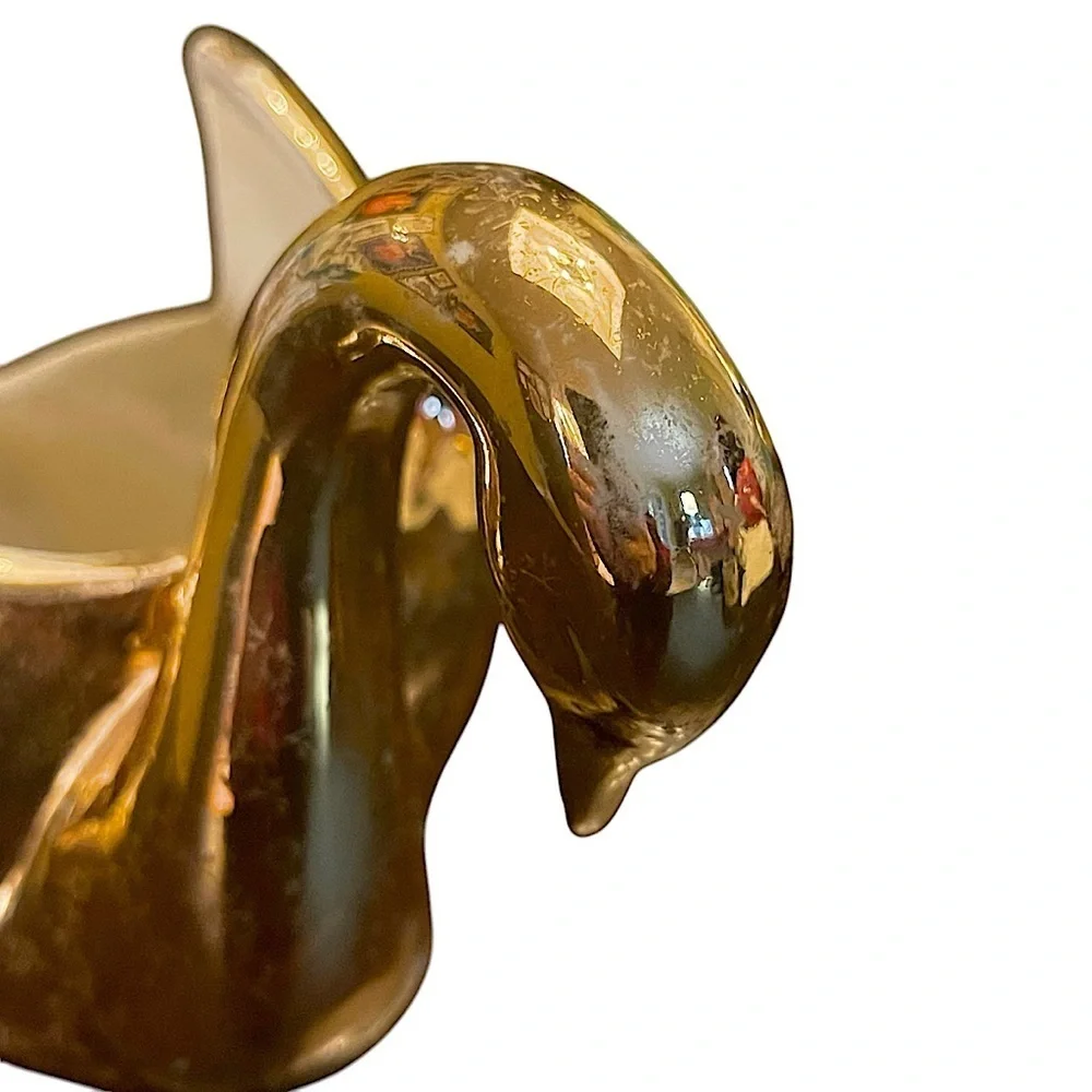 1950s Vintage Gold Swan Jewelry Holder Planter Vase MCM Retro